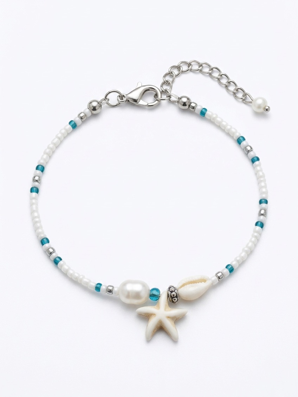 Seaside Pearl & Shell Star Anklet/bracelet-White & Teal